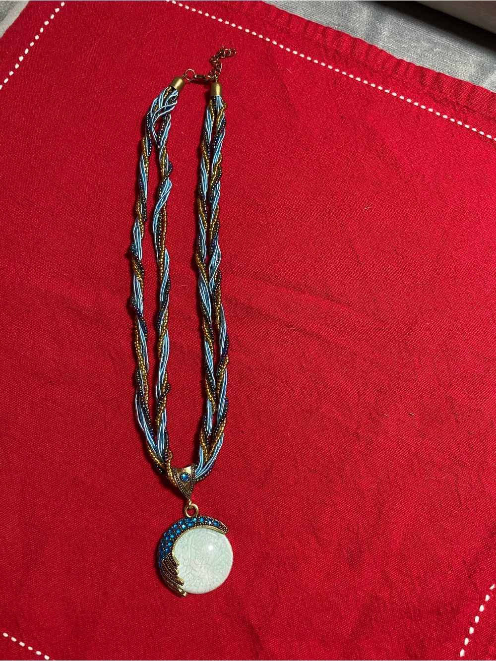 Blue and Gold Braided Chain Moon Pendant Necklace, NWOT
